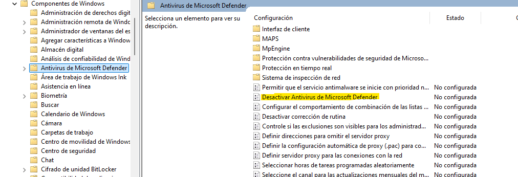 desactivar Windows Defender con directivas
